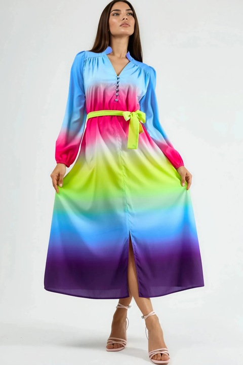 Rochie Maxi MSN Ombre cu curea, Albastru, Poliester-Bumbac