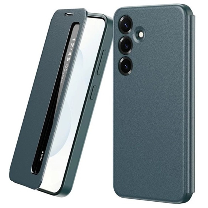 Gigapack mobiltelefon tok álló, aktív flip, oldalra nyíló, smart view window, sötétzöld, kompatibilis: Galaxy S23 FE