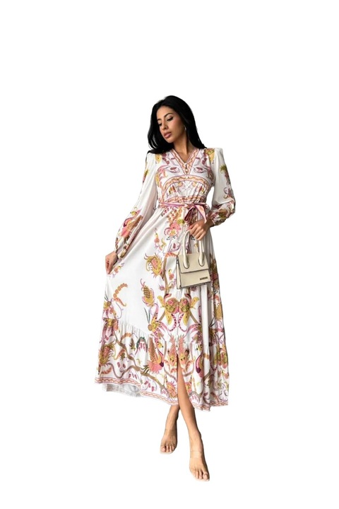 Rochie Maxi, MSN Collection, Imprimata, Decolteu in V, Curea, Poliester-Bumbac