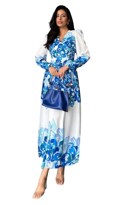 Rochie Maxi, MSN Collection, Floral, Albastru, Poliester/Bumbac