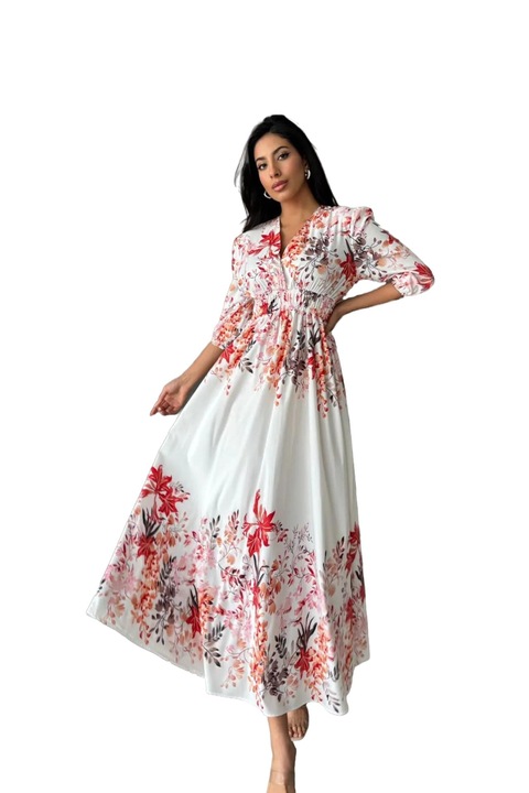 Rochie maxi, MSN Collection, floral, decolteu in V, alb, poliester/lycra