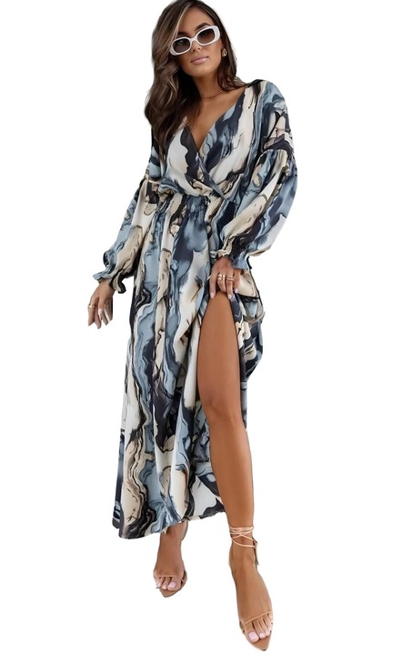 Rochie Maxi, MSN Collection, abstracta cu slit si decolteu in V, poliester-bumbac-lycra