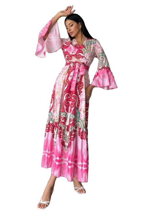 Rochie Maxi, MSN Collection, cu gat in V, roz, bumbac, poliester