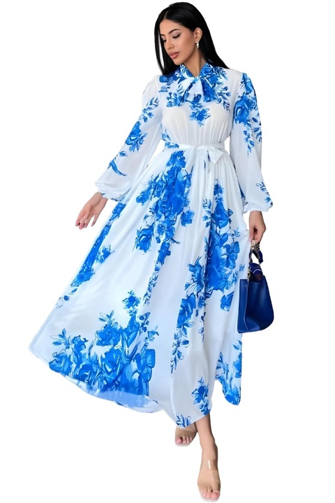 Rochie Maxi, MSN Collection, cu Curea si Guler Camasa, Alb, Poliester-Bumbac