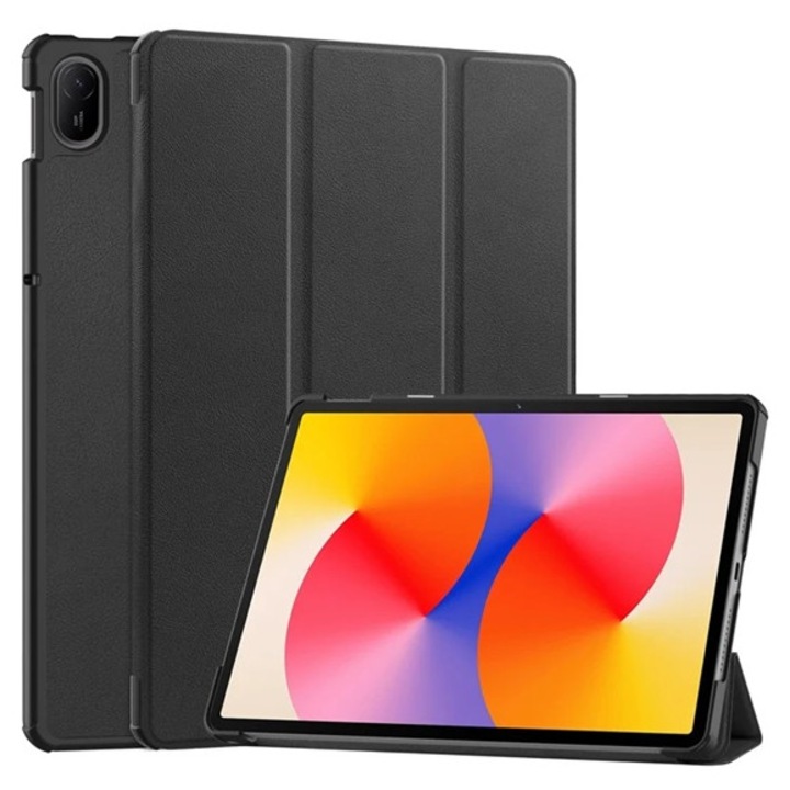 Gigapack tabletvédő álló, bőr hatású, aktív flip, oldalra nyíló, trifold, asztali tartó, fekete, kompatibilis: Huawei MatePad SE 11