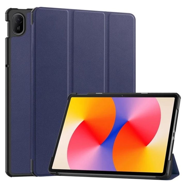 Gigapack tabletvédő álló, bőr hatású, aktív flip, oldalra nyíló, trifold, asztali tartó, sötétkék, kompatibilis: Huawei MatePad SE 11