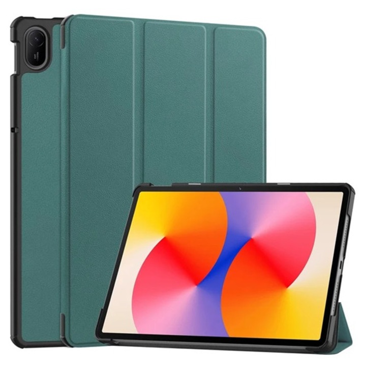 Gigapack tabletvédő álló, bőr hatású, aktív flip, oldalra nyíló, trifold, asztali tartó, sötétzöld, kompatibilis: Huawei MatePad SE 11