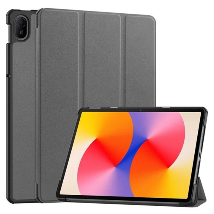 Gigapack tabletvédő álló, bőr hatású, aktív flip, oldalra nyíló, trifold, asztali tartó, sötétszürke, kompatibilis: Huawei MatePad SE 11