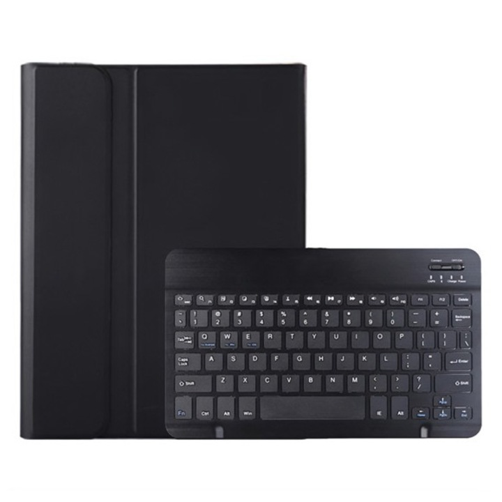 Gigapack tabletvédő álló, bőr hatású, flip, bluetooth billentyűzet, asztali tartó, qwerty, angol nyelvű, ceruza tartó, fekete, kompatibilis: Huawei MatePad SE 11