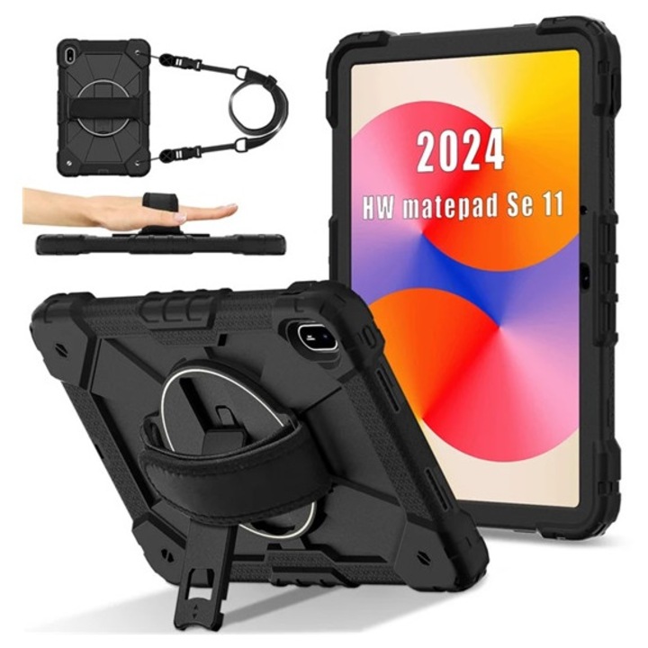 Gigapack defender műanyag tabletvédő, ütésállóság, kitámasztó, 360° + kézpánt, vállpánt, fekete, kompatibilis: Huawei MatePad SE 11