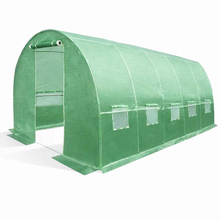 Sera solar tip tunel 8x3x2 m, cadru metalic galvanizat 25 mm, folie PE UV4 140g/mp, 10 ferestre cu plasa anti-insecte, usa rulabila, verde
