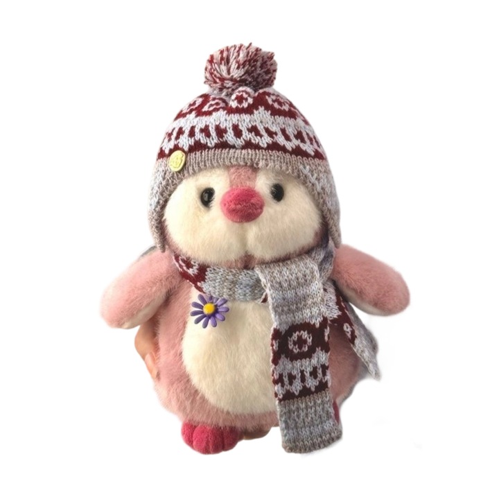 Jucarie de plus pinguin, 20cm, roz, material moale, set de Craciun