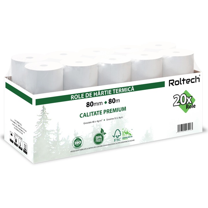 Role hartie termica ROLTECH, 80mm x 80m, non-BPA, 20 role/bax