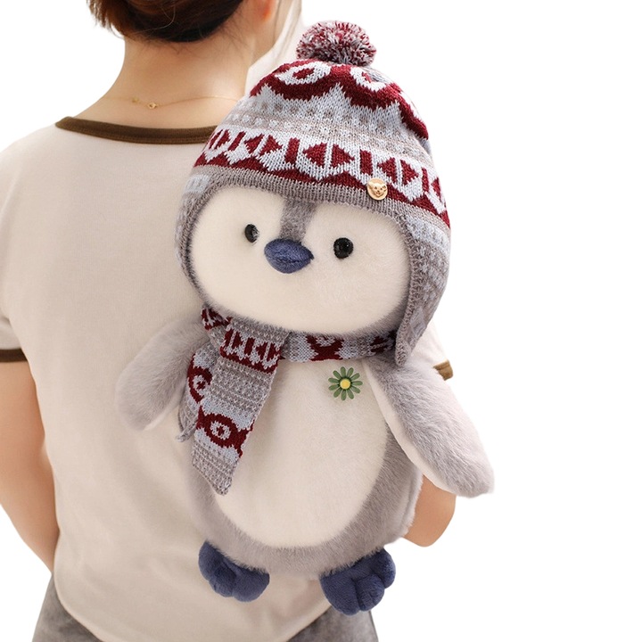 Hátizsák, pingvin dizájn, plüss, 27 cm, szürke, puha anyag