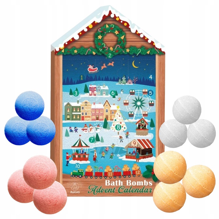 Naptár adventi fürdőgolyó készlet, Aurora, 12 golyó, ünnepi illatok, 30g