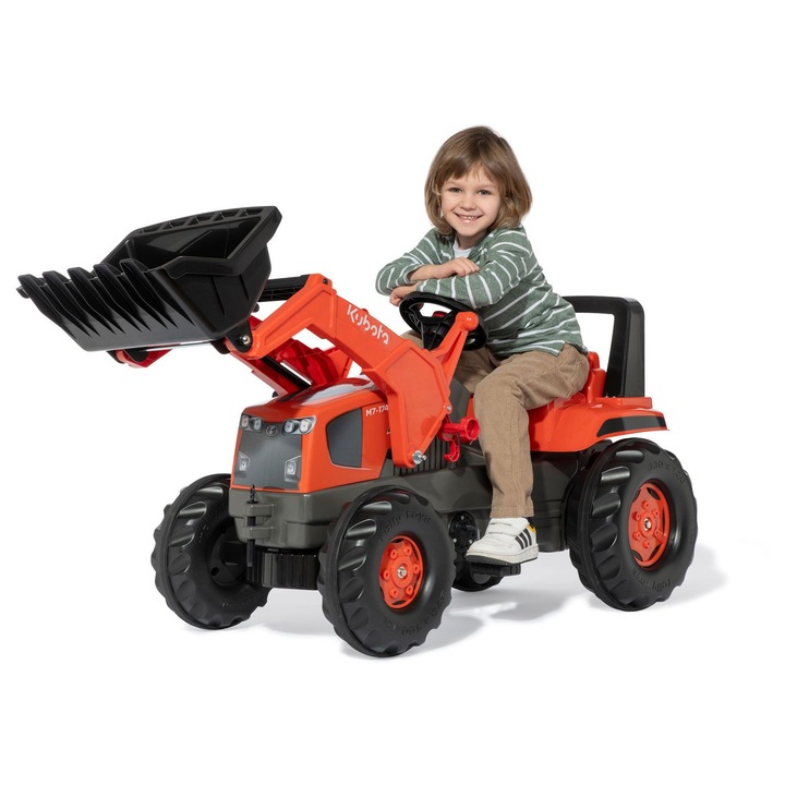 Tractor cu pedale Rolly Toys Kubota, scaun reglabil, cupă, multicolor, 142x53x81cm