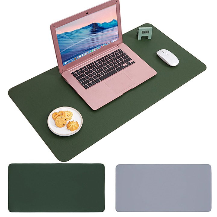 Mousepad XL profesional gaming si birou, Omelivon® 80x40 cm, piele eco PU, impermeabil, cusaturi laterale, antiderapant, rezistent la uzura, Design dublu fata，doua culori: Maslin + Gri