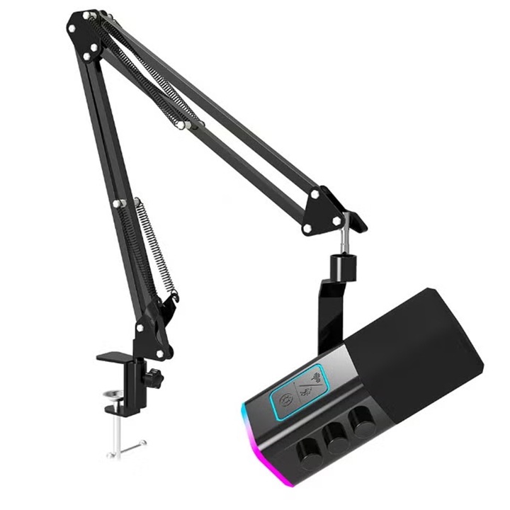 WALALLA dinamikus gamer mikrofon kihúzható karos állvánnyal, kettős XLR/USB interfésszel, RGB világítással, egyérintéses némítással és zajcsökkentéssel, szuperkardioid mikrofon podcastokhoz PC-hez, PS4/5-höz