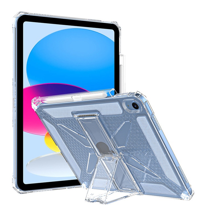 DEISNGB védőtok iPad 11 inch (2025) készülékhez, átlátszó ütésálló szilikon, beépített állvány, 11 inch
