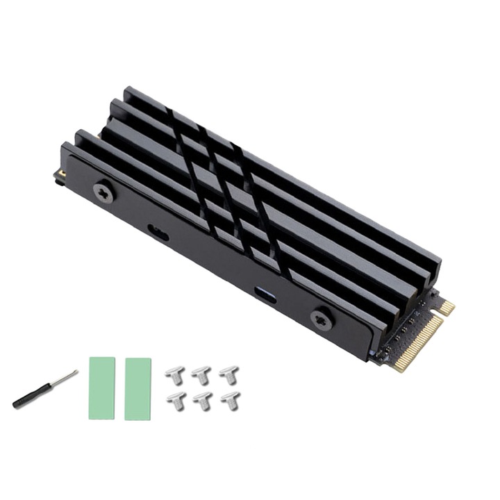Radiator pentru unitate SSD, AFKSMILE, Radiator SSD M.2 2280, Pad-uri termice silicon incluse, Pentru PS5, Set complet, Imbunatatiti experienta de joc, Aluminiu, 74.8x23.9x11mm, Negru
