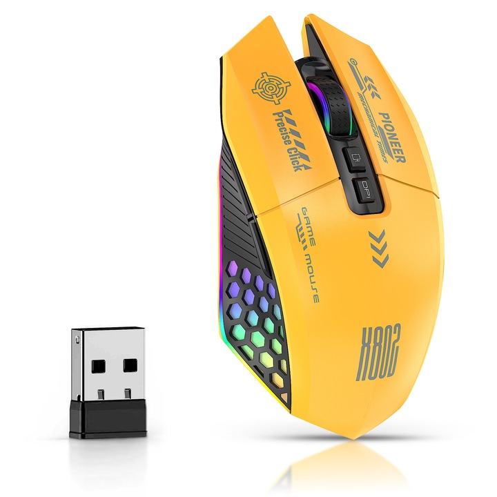 MTEVOTX® professzionális gamer egér, 7 makró gomb, 3 mód, 12000 DPI, 1000Hz, RGB, 500mAh akkumulátor, ergonomikus, PC/Laptop kompatibilis, sárga