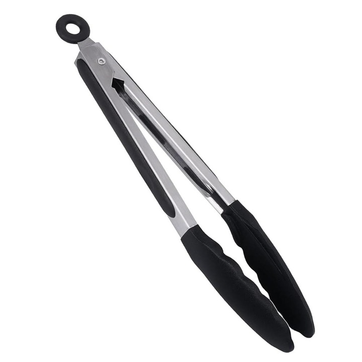 Cleste Servire Otel Inoxidabil/Silicon cu Inel de Blocare si Agatare 23cm, Cleste Bucatarie Cleste pentru Gatit cu Maner Anti-Alunecare pentru BBQ, Gratar Friptura, Servit Salata, Paste