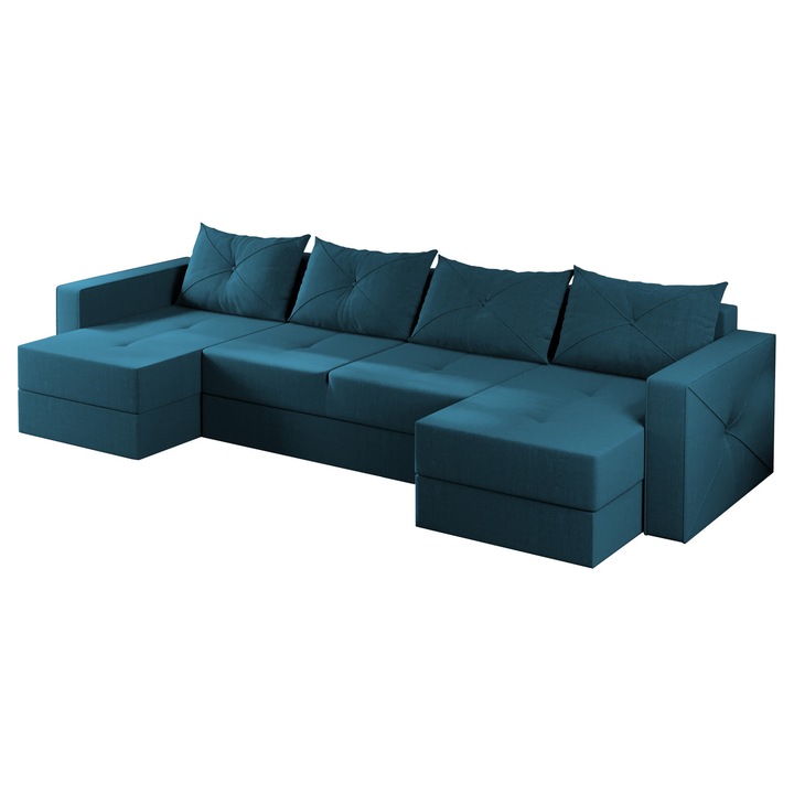 Coltar U Sofia, extensibil, cu lada depozitare, stofa, 320 x 140 x 85 cm, Turcoaz