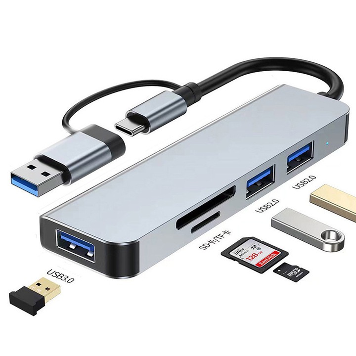 USB-C többportos hub, kettős felhasználású, USB 3.0/USB 2.0/TF olvasó/audiodokk, vékony, hordozható
