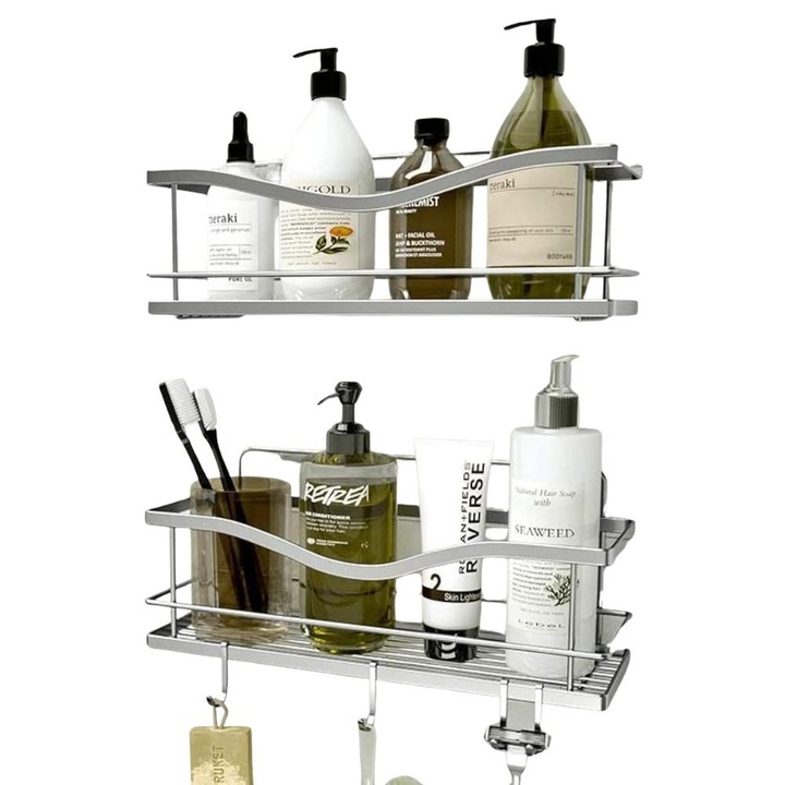 Set 2 rafturi dus Navaris, autoadezive, din inox, organizator baie fara gaurire, cu 4 carlige, capacitate 9 kg, Argintiu