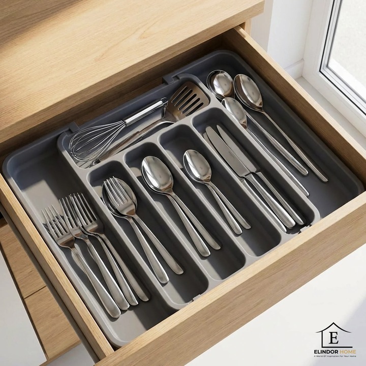 Разтегателен органайзер за прибори Elindor, 5-7 отделения, противоплъзгащ, 31x22x4см, сив