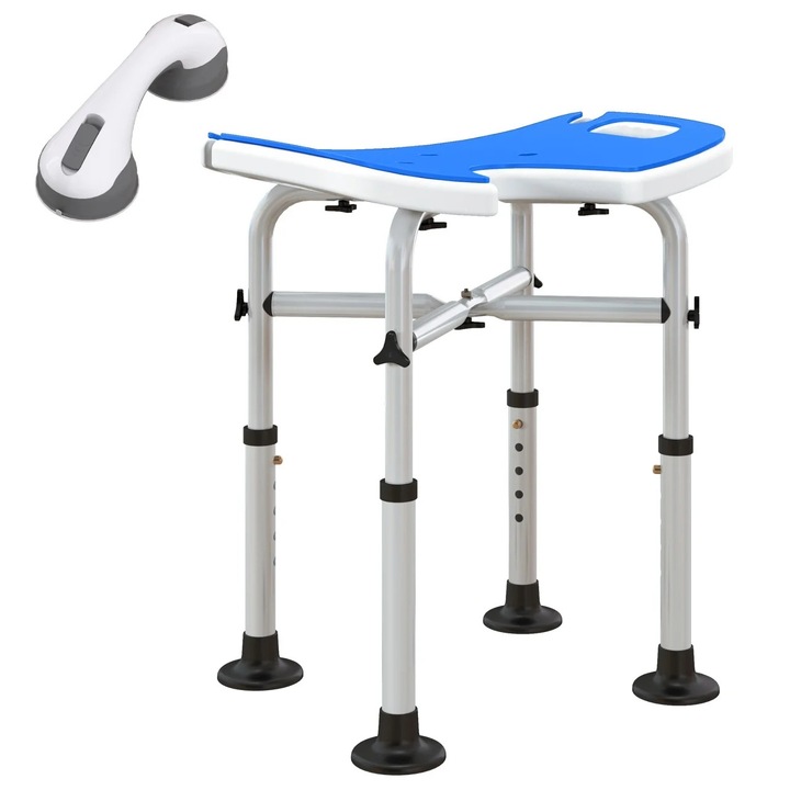 Set scaun de dus reglabil Re-Bloom, pentru varstnici/persoane cu dizabilitati si un maner cu ventuza, aluminiu/HDPE/EVA, gri/albastru inchis/argintiu, 48, 5 x 33 x 39-51, 5 cm