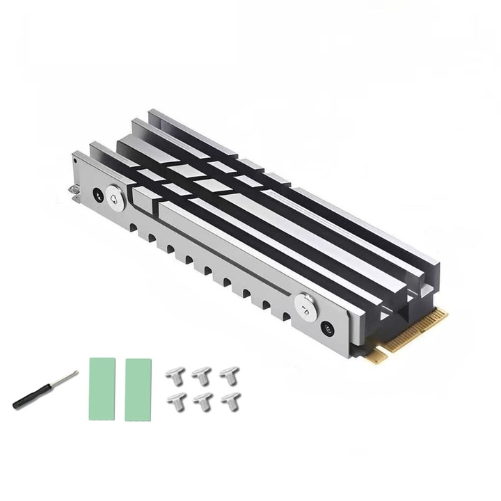 Radiator pentru unitate SSD, AFKSMILE, Radiator SSD M.2 2280, Pad-uri termice silicon incluse, Pentru PS5, Set complet, Imbunatatiti experienta de joc, Aluminiu, 74.8x23.9x11mm, Argint