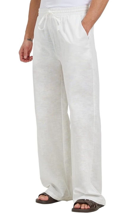Pantaloni Lungi din In si Bumbac pentru Barbati Inalti – Croiala Larga, Talie Reglabila si Confort Maxim pentru Vara, Timp Liber si Calatorii, Albi, Alb