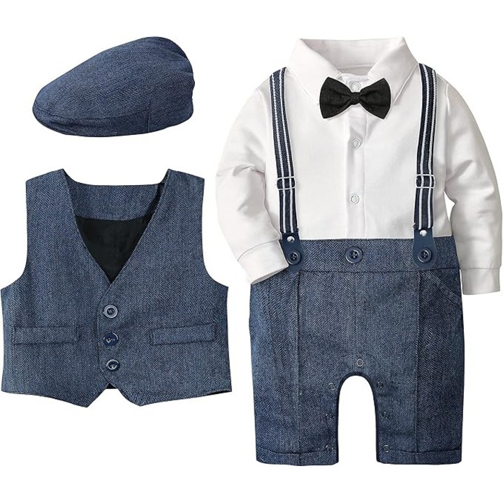 Set costum A&J DESIGN, 3 piese, salopeta, vesta si bereta, 80 cm, culoare alb si albastru