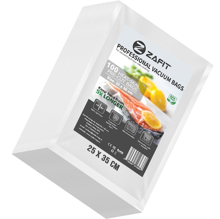 Set 100 Pungi vidat gofrate ZAFIT™, 25 x 35 cm, pentru aparat de vidat alimente, reutilizabile, rezistente, sous vide, lavabile in masina de spalat, fara BPA, transparent