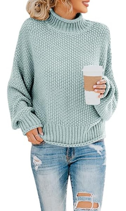 Pulover Dama Oversized cu Guler pe Gat, Tricot Rib – Bluza Larga Eleganta Toamna-Iarna, Verde turcoaz