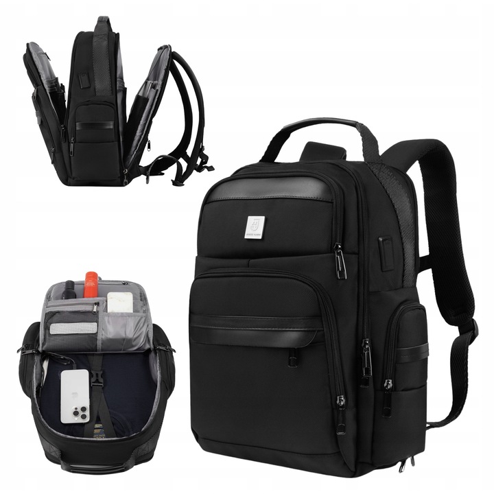 Rucsac Laptop 16 Inchi, James Hawk, Impermeabil Si Antifurt RFID, Ideal Pentru Avion Scoala Sau Munca, Port USB Si USB-C Pentru Incarcare, Deschidere 180 Grade, Compartiment Laptop Si Tableta, 45x30x15 cm, Negru