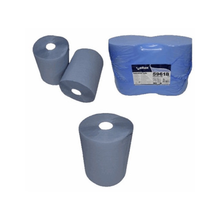 Hartie Industriala Albastra CELTEX Blue 500, Bax 2 Role, 3 Straturi, 500 Foi/Rola, Prosop Industrial Absorbant pentru Curatare