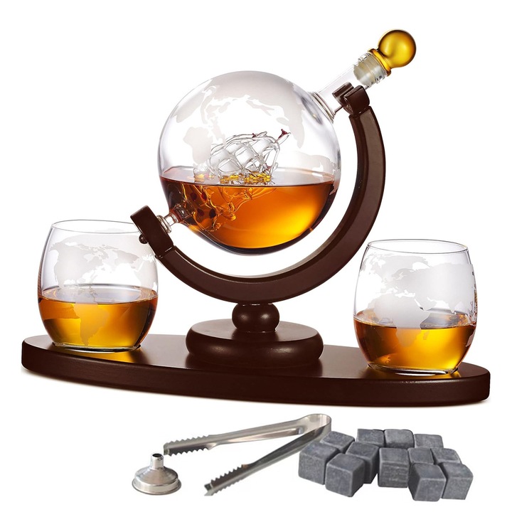 Set de decantoare whisky FooFoony, Carafa Globe 850 ml, 2 pahare whisky gravate, 4 pietre de whisky si multe altele, pentru bauturi alcoolice, vodca Scotch Bourbon, Cadouri pentru tata