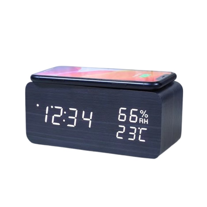 LED digitális faóra, vezeték nélküli töltés, minimalista design, 15x8x5cm