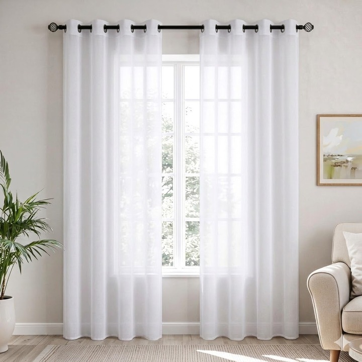 Set 2 perdele MIULEE, 140 x 145 cm, semi-transparente, cu inele, culoare alb