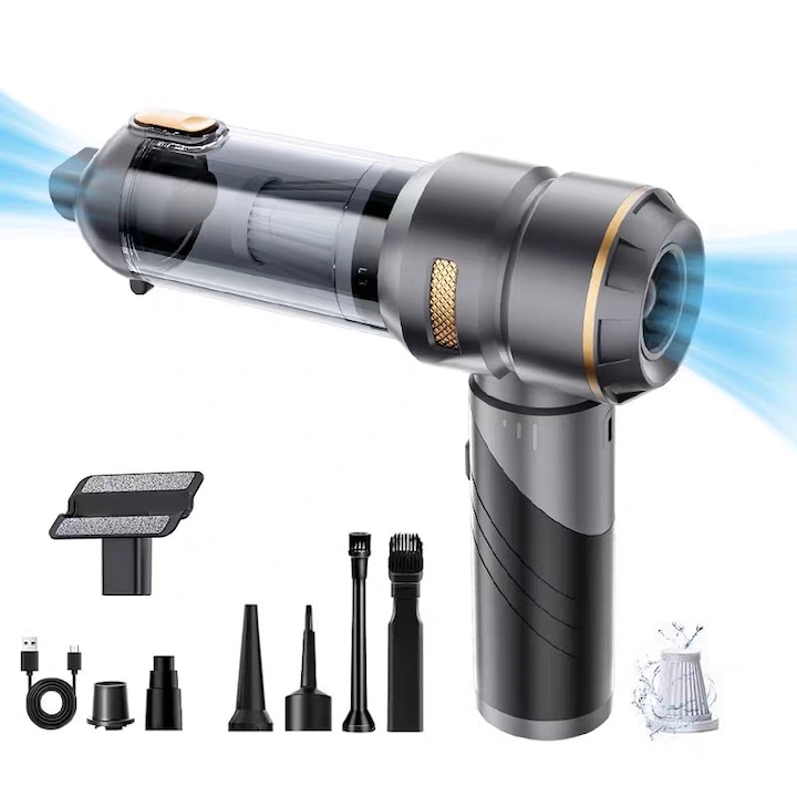Aspirator Auto 5 in 1 Pliabil Fara Fir, De Mana, Portabil cu Acumulator 6000 mAh, Golire Automata a Prafului, Incarcare USB Type-C,16000 Pa,80000 RPM, 3 Filtre HEPA Incluse, Poate fi pliat, negru
