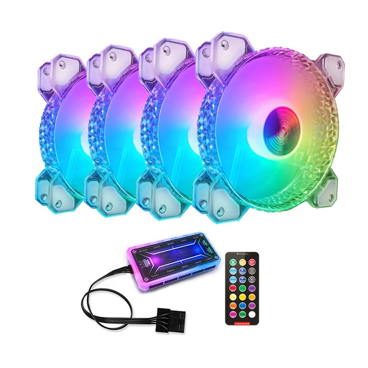 4 db számítógép ventilátor készlet, AFKSMILE, házventilátorok, PC ventilátorok, ARGB, távirányítóval, nagy légmennyiség és alacsony zajszint, hidraulikus csapágy, 1200RPM±10%, 120x120x25mm, ABS, átlátszó