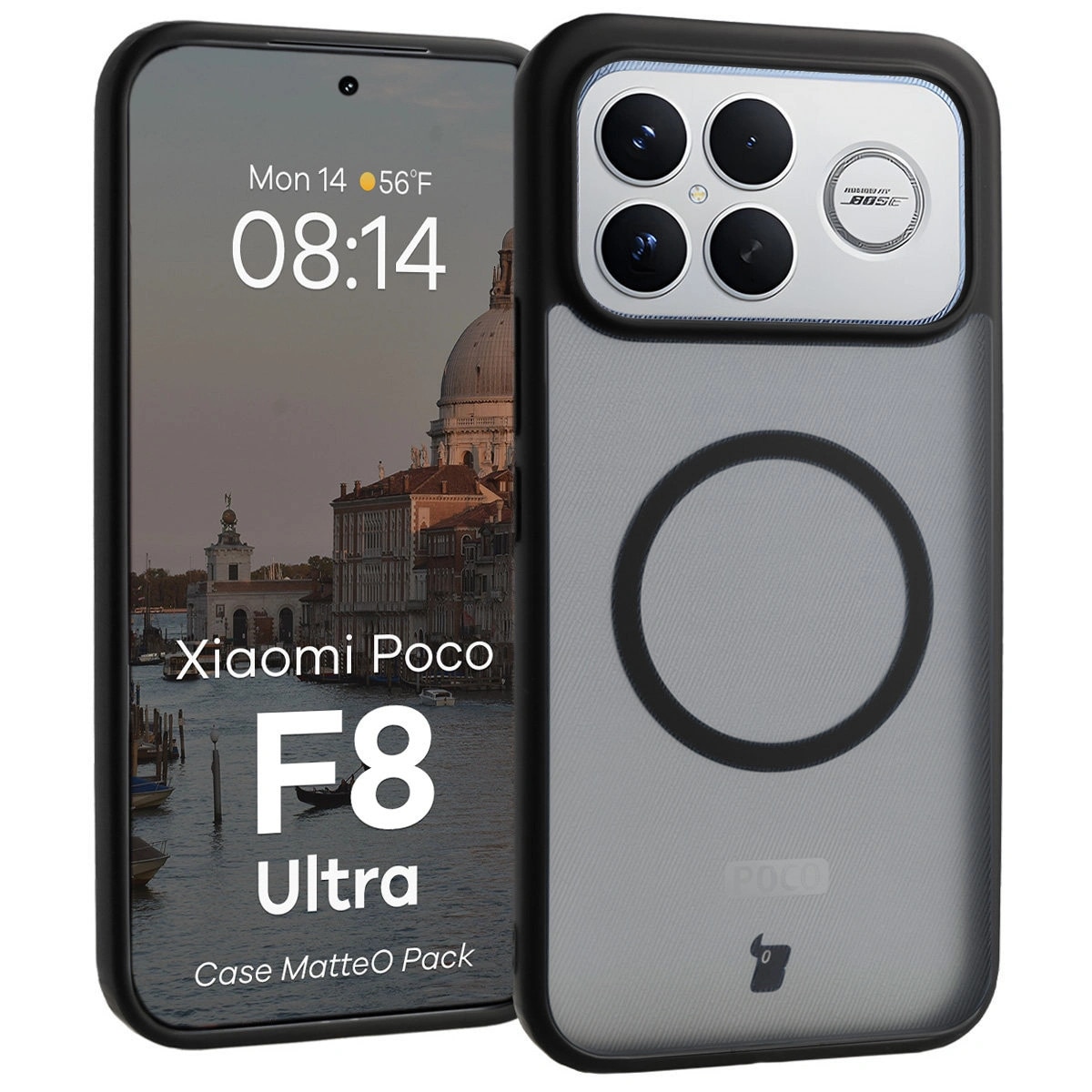 Set Husa + Sticla de protectie, Bizon MatteO Pack pentru Xiaomi POCO F8 Ultra, Fumuriu-Negru