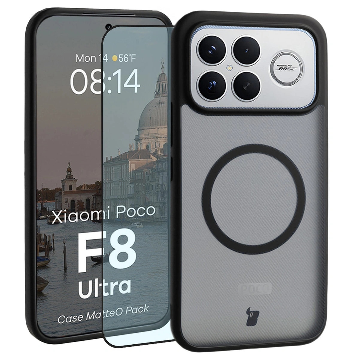 Set Husa + Sticla de protectie, Bizon MatteO Pack pentru Xiaomi POCO F8 Ultra, Fumuriu-Negru