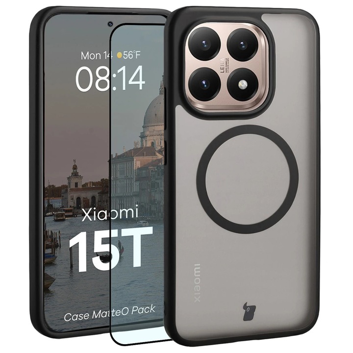 Комплект Калъф + Стъклен протектор, Bizon MatteO Pack за Xiaomi 15T, Димни Черни