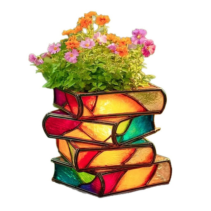 Декоративна саксия, дизайн подредени книги, многоцветна, 4 нива, за сухи растения и цветя