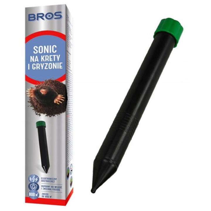 Електронен репелент Bros Sonic Max за къртици, гризачи и змии, променлива честота, устойчив на атмосферни влияния, обхват на действие 800м