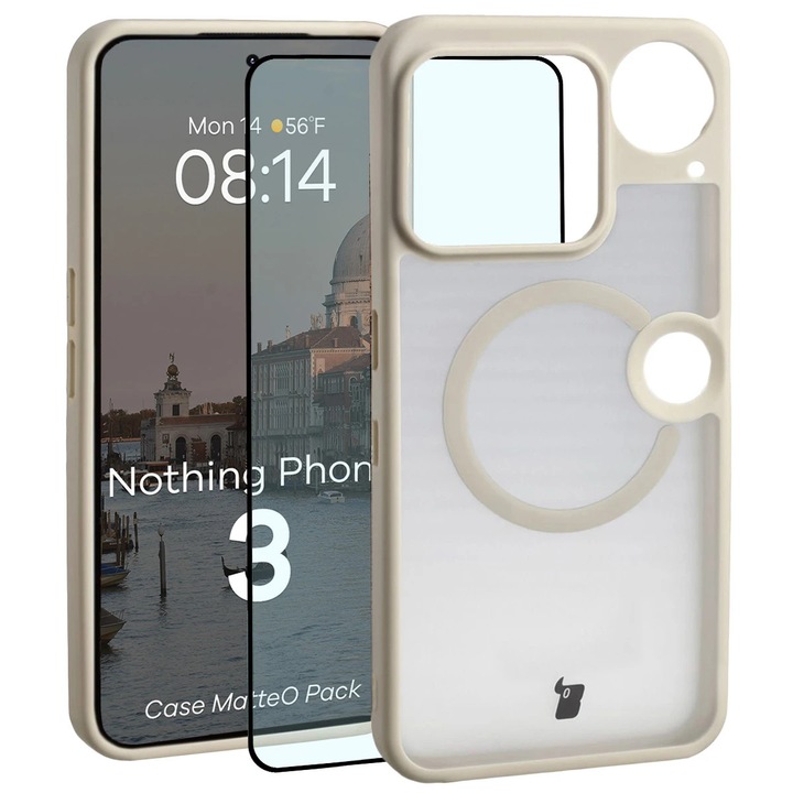 Set Husa + Sticla de protectie, Bizon MatteO Pack pentru Nothing Phone (3), Bej Fumuriu