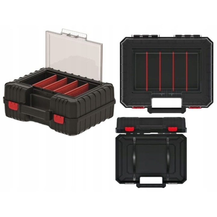 Kistenberg szerszámosláda rendszerezővel, 38,4x33,5x14,4cm, fekete, 4 rekesz, átlátszó fedél